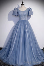 Blue Tulle Beading Long Prom Dresses, A Line Short Sleeve Prom Dresses