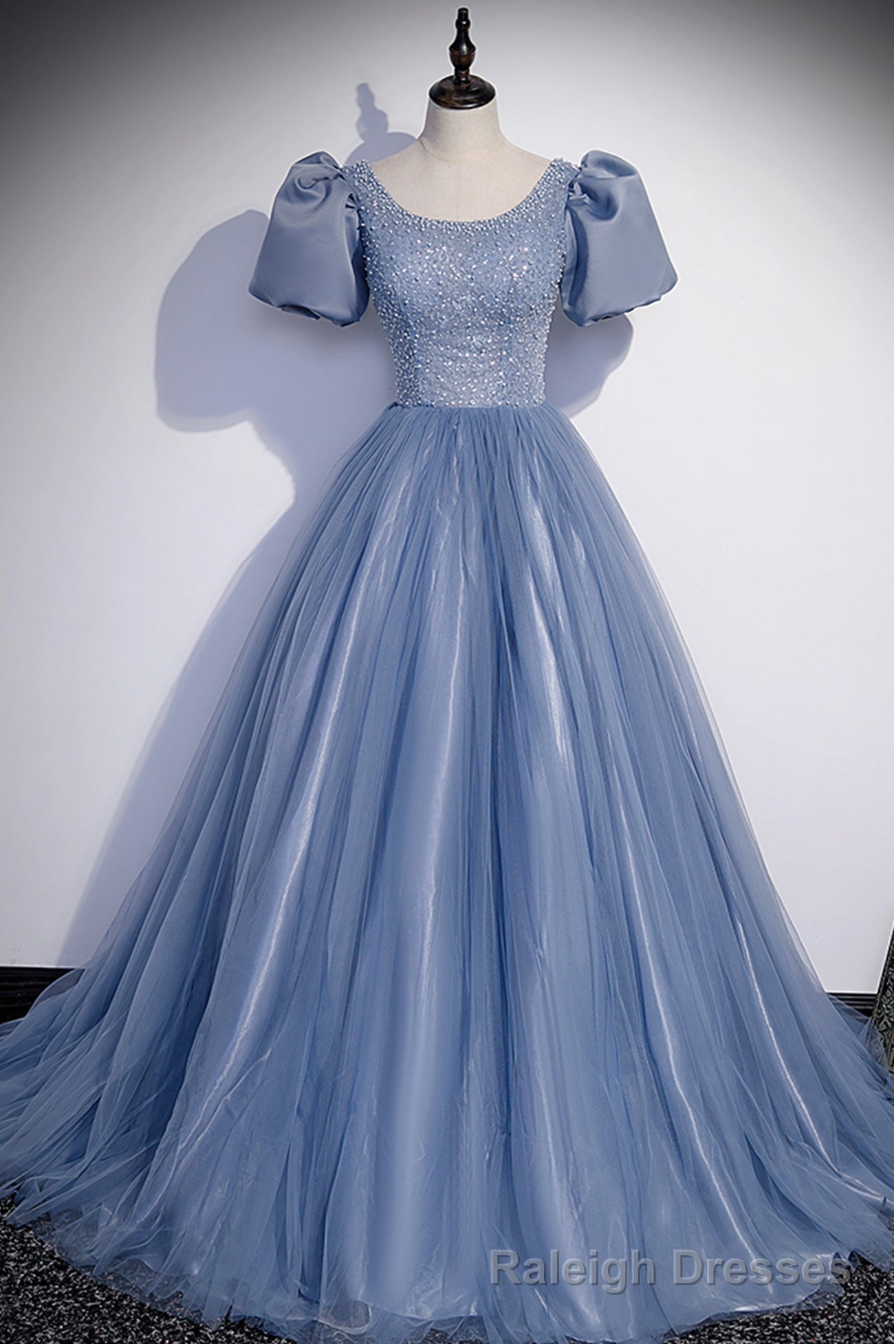 Blue Tulle Beading Long Prom Dresses, A Line Short Sleeve Prom Dresses