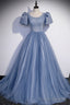 Blue Tulle Beading Long Prom Dresses, A Line Short Sleeve Prom Dresses