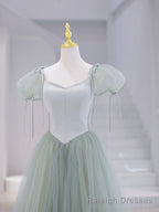 Green Tulle Floor Length Prom Dress, Green Short Sleeve Prom Prom Dress