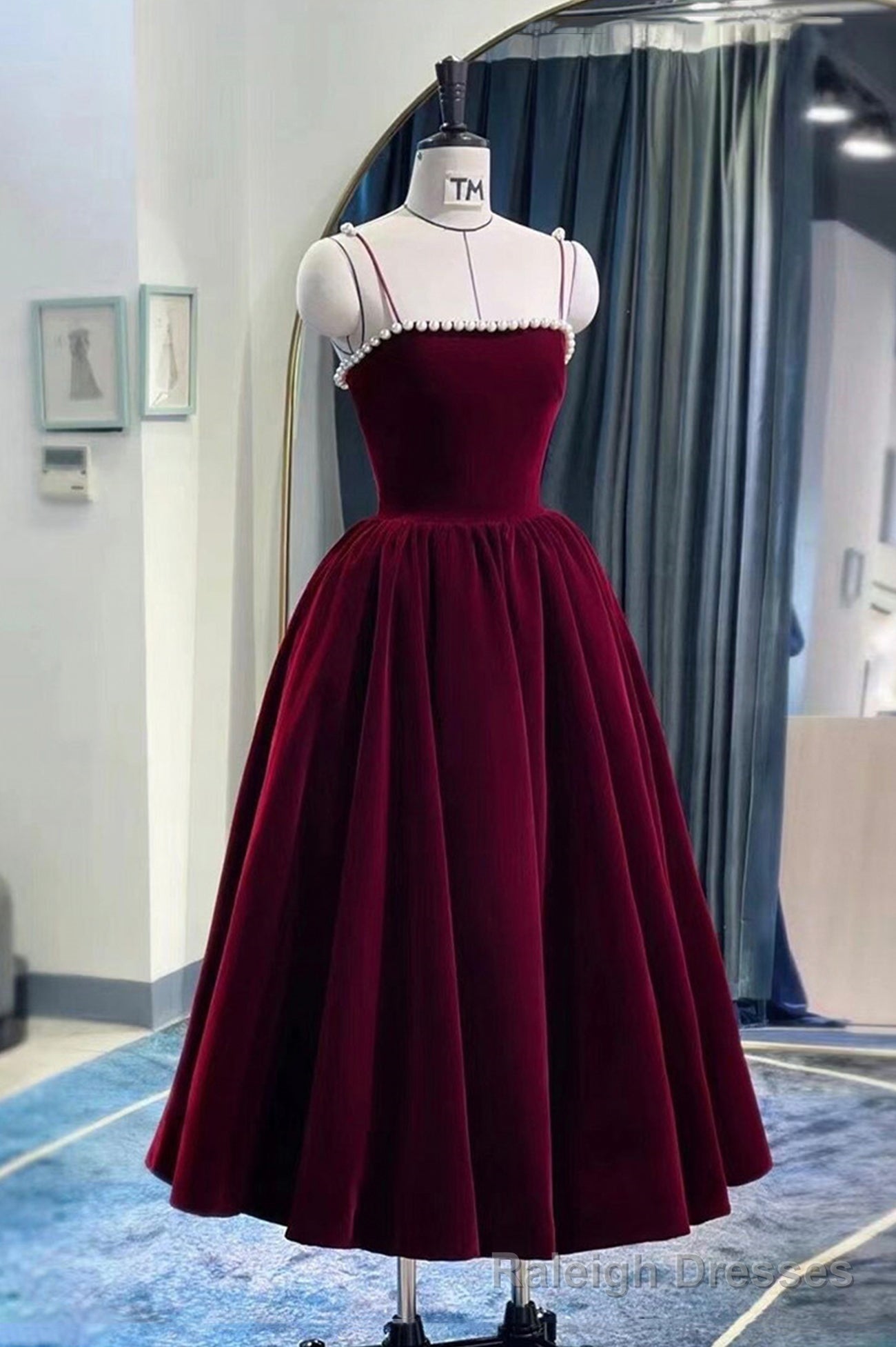 Burgundy Velvet Short Prom Dress, A Line Prom Dress with Pearls Main image