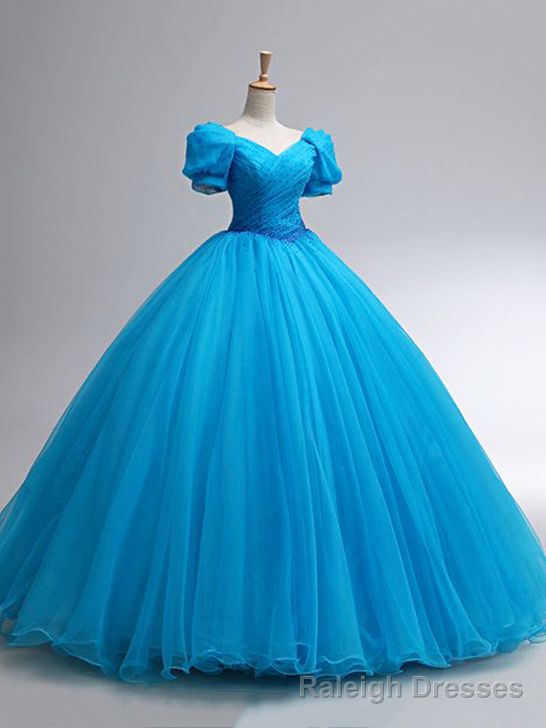 Beautiful Blue Rhinestone Floor Length Prom Dress, A-Line Short Sleeve Evening Dress Main image