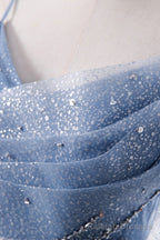 Blue Tulle Long A-Line Prom Dresses, Blue Spaghetti Strap Evening Dresses