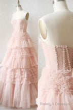 Pink Tulle Lace Long Prom Dresses, A-Line Strapless Evening Dresses
