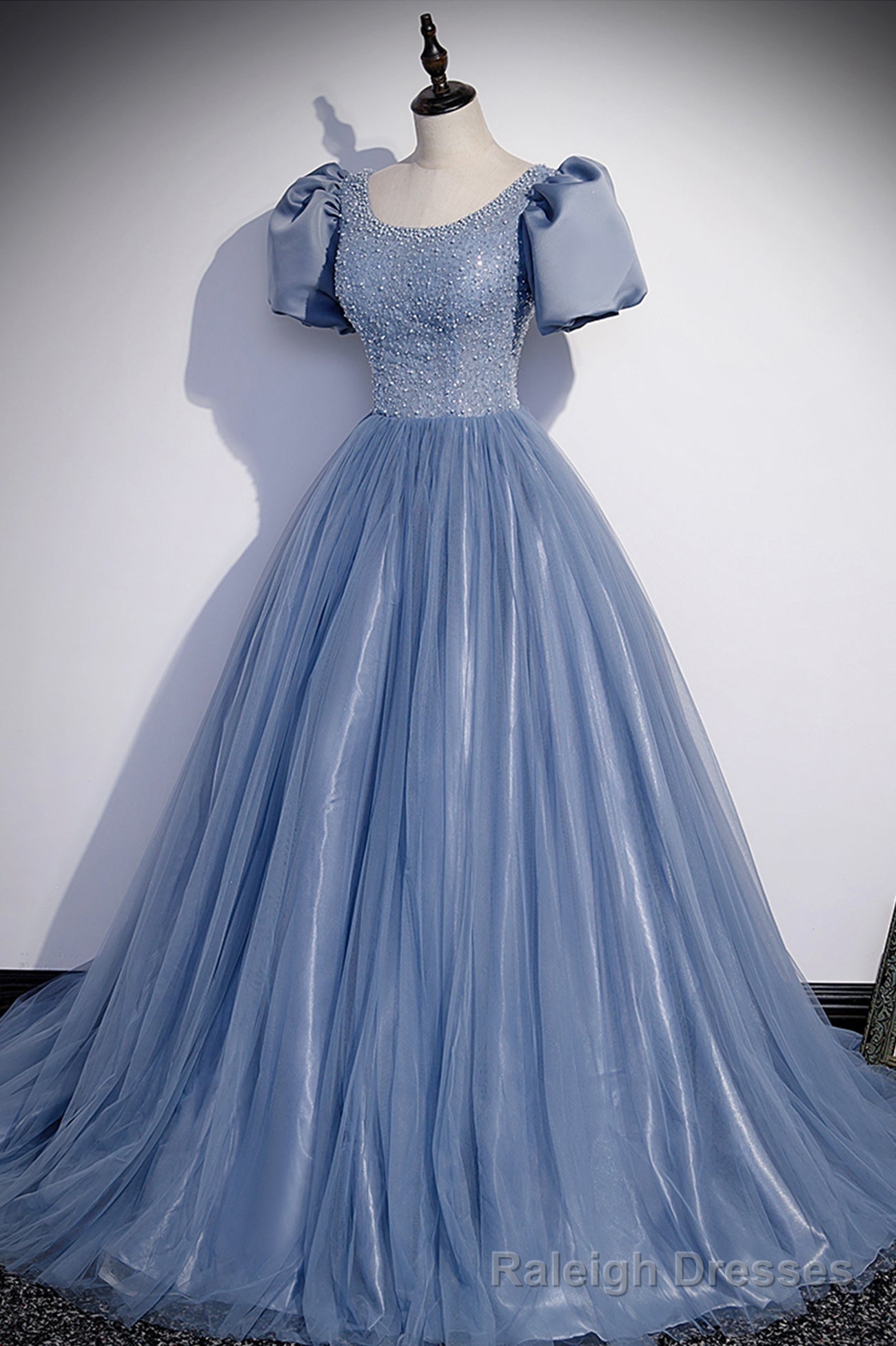 Blue Tulle Beading Long Prom Dresses, A Line Short Sleeve Prom Dresses Secondary image