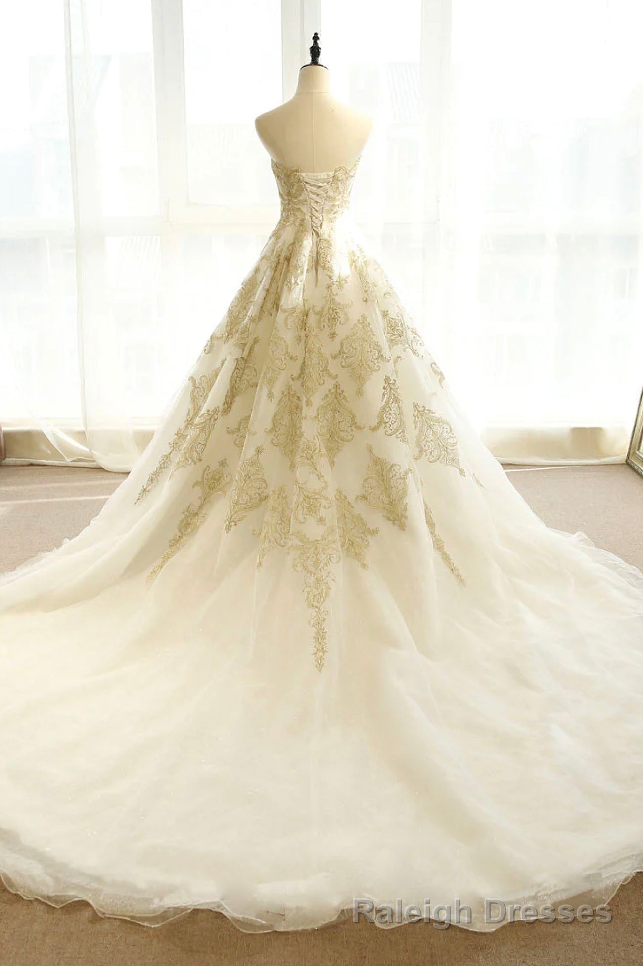 Long Champagne Strapless Tulle Lace Prom Dress, A Line Prom Dress with Train Secondary image