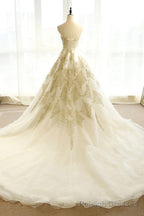 Long Champagne Strapless Tulle Lace Prom Dress, A Line Prom Dress with Train