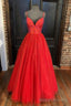 Red Tulle Beading Long Prom Dresses, A-Line Evening Party Dresses