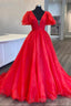 Red Organza Long A-Line Prom Dress, Beautiful V-Neck Evening Dress