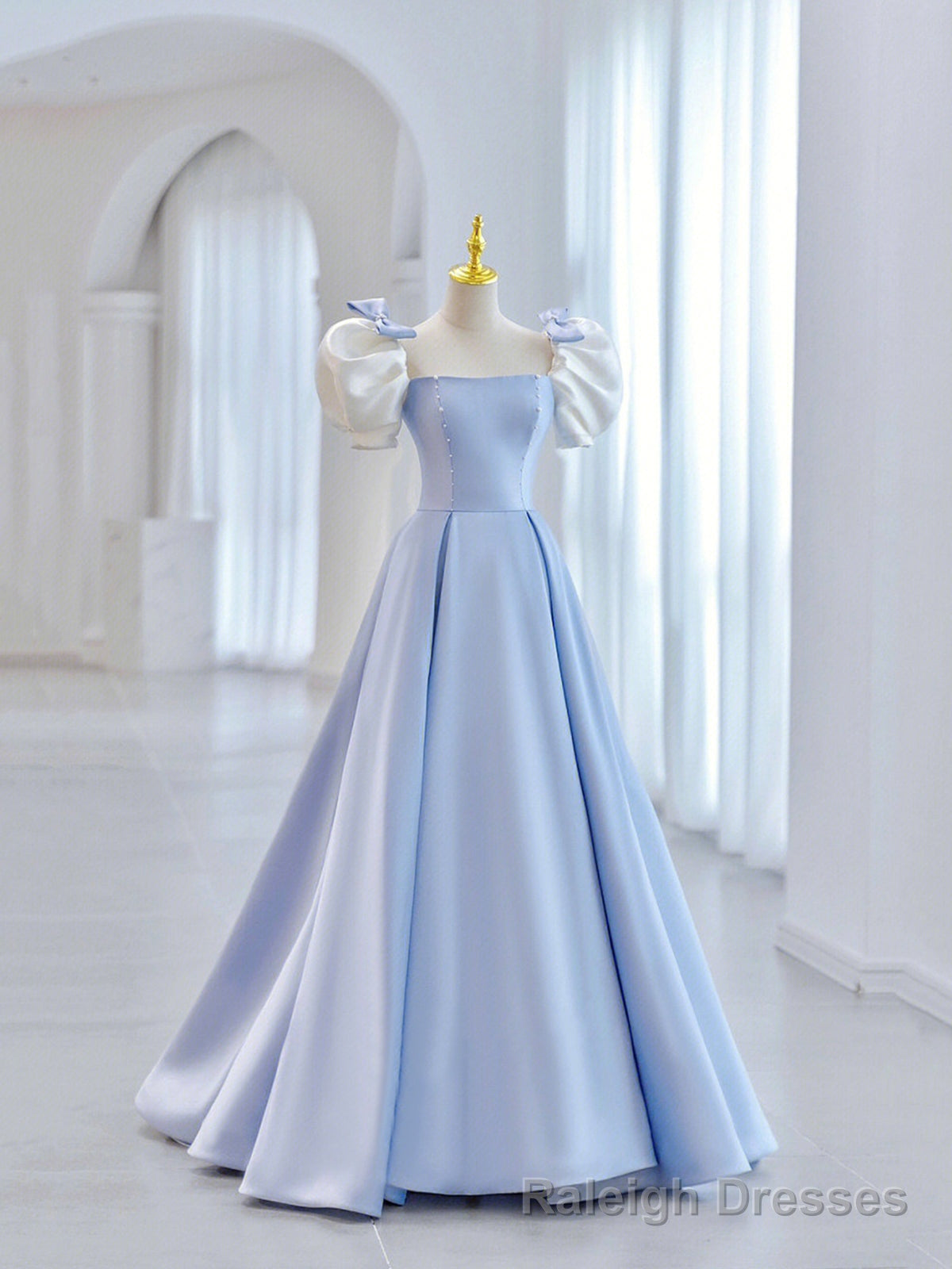 Blue Short Sleeve Saitn Formal Prom Dress, Cute A Line Junior Prom Dress Main image