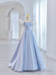 Blue Short Sleeve Saitn Formal Prom Dress, Cute A Line Junior Prom Dress