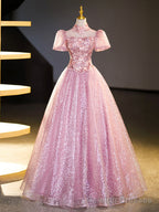 Pink Tulle and Lace Long Prom Dress with Sequins, Beautiful A Line Sweet 16 Dress