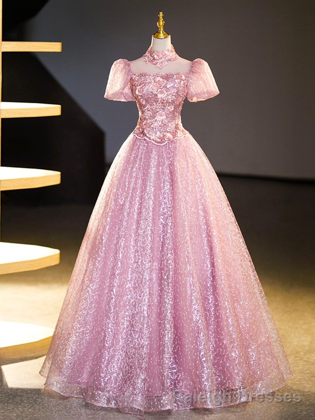 Pink Tulle and Lace Long Prom Dress with Sequins, Beautiful A Line Sweet 16 Dress