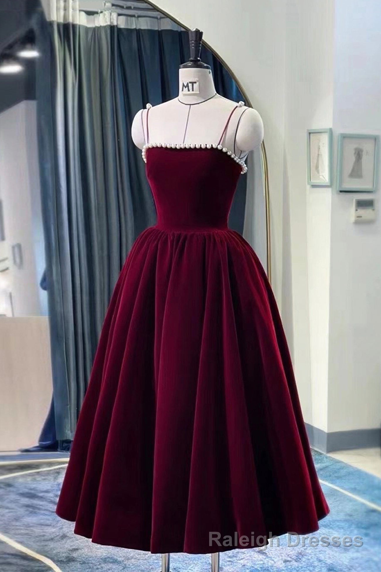 Burgundy Velvet Short Prom Dress, A Line Prom Dress with Pearls Secondary image