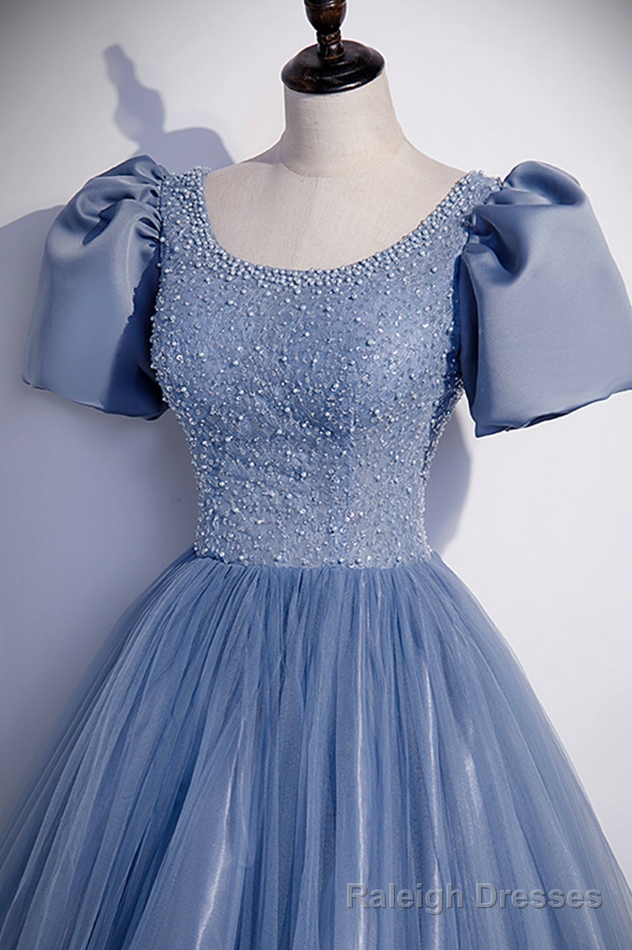 Blue Tulle Beading Long Prom Dresses, A Line Short Sleeve Prom Dresses
