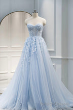 Blue Sweetheart Neck Lace Floor Length Prom Dress, Lovely Blue Prom Dress