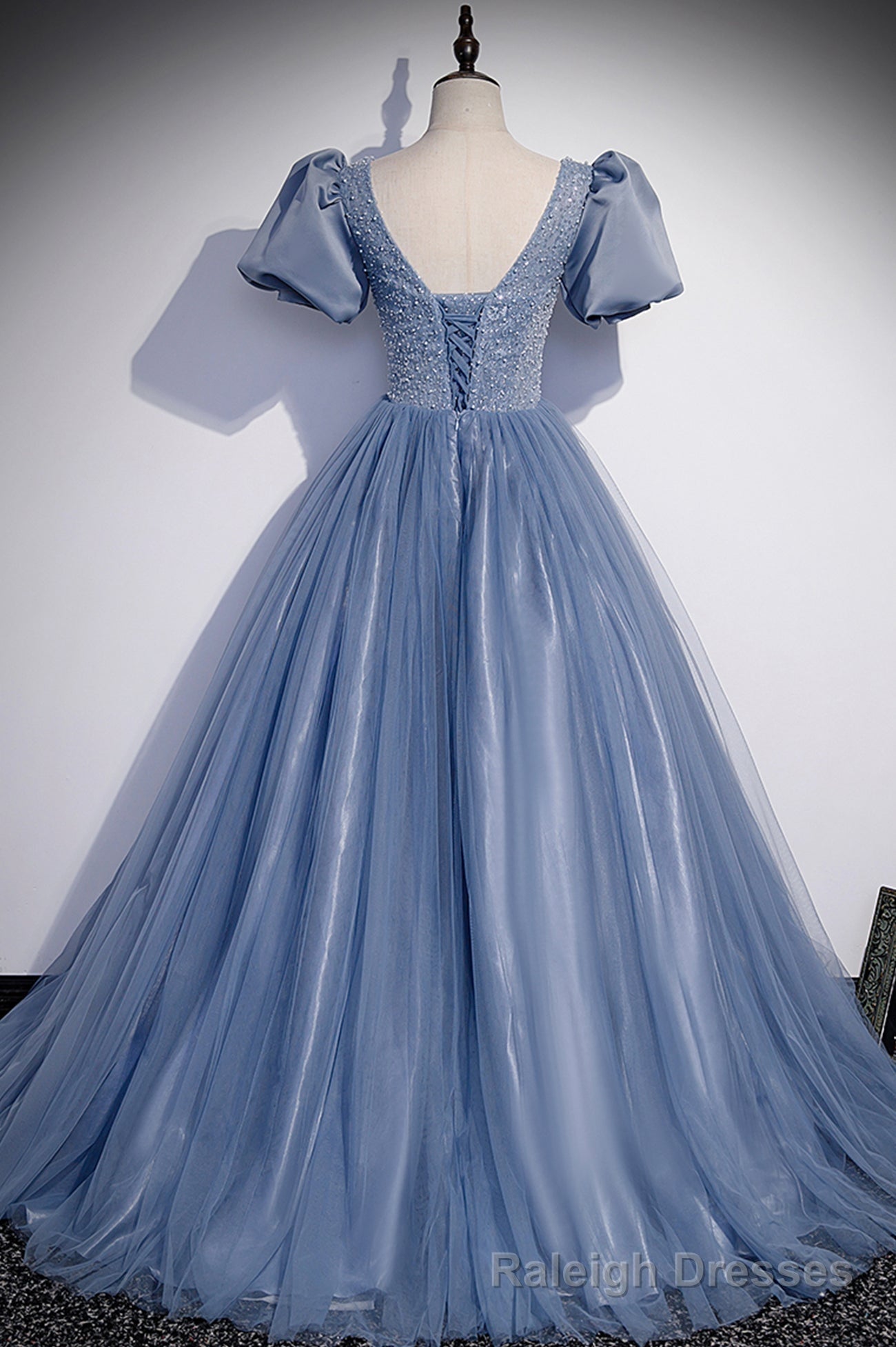 Blue Tulle Beading Long Prom Dresses, A Line Short Sleeve Prom Dresses