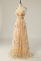 Champagne Lovely Tulle Lace Long Prom Dresses Champagne Prom Dresses