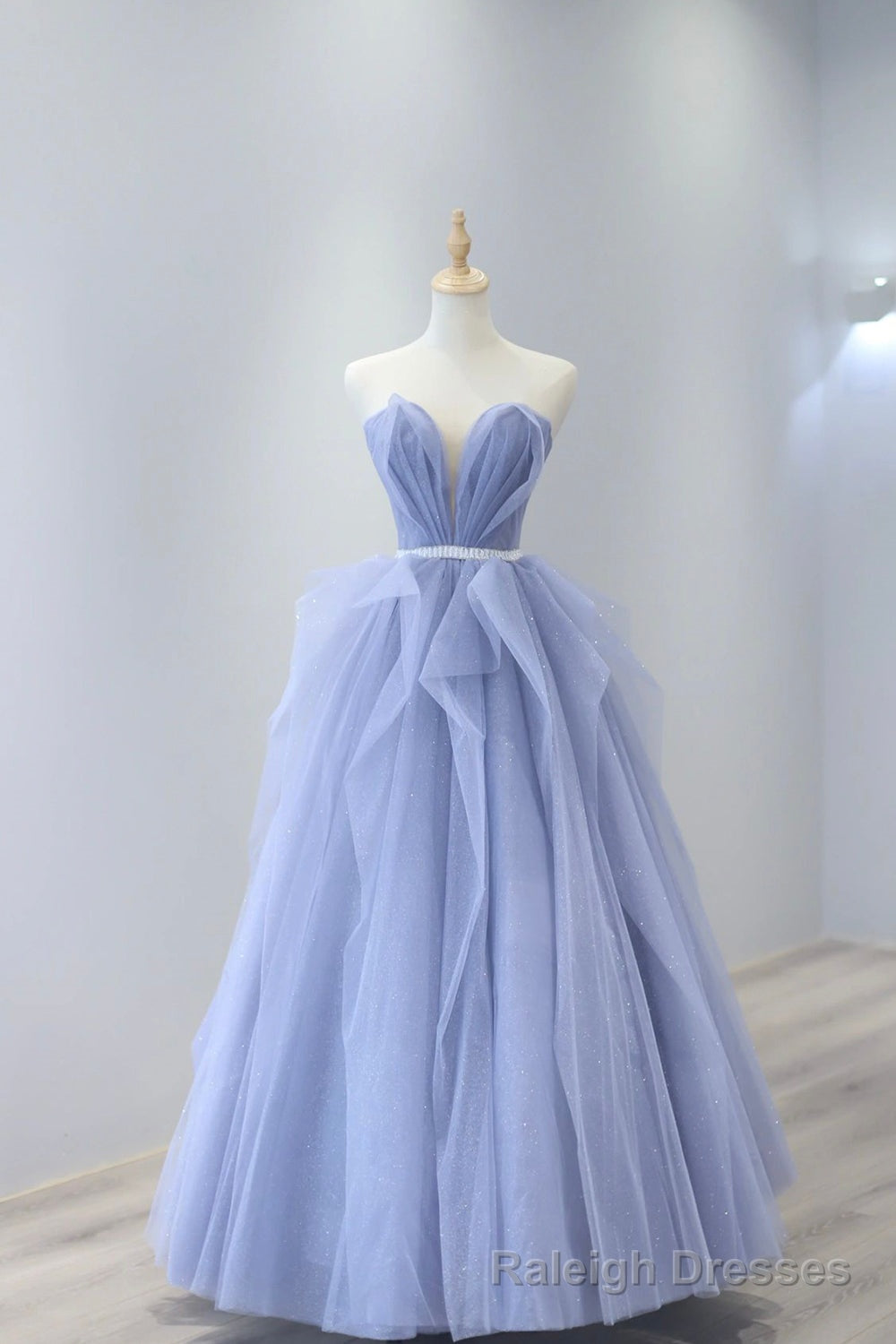 Blue Tulle Strapless Long Prom Dress, A-Line Blue Evening Dress Main image