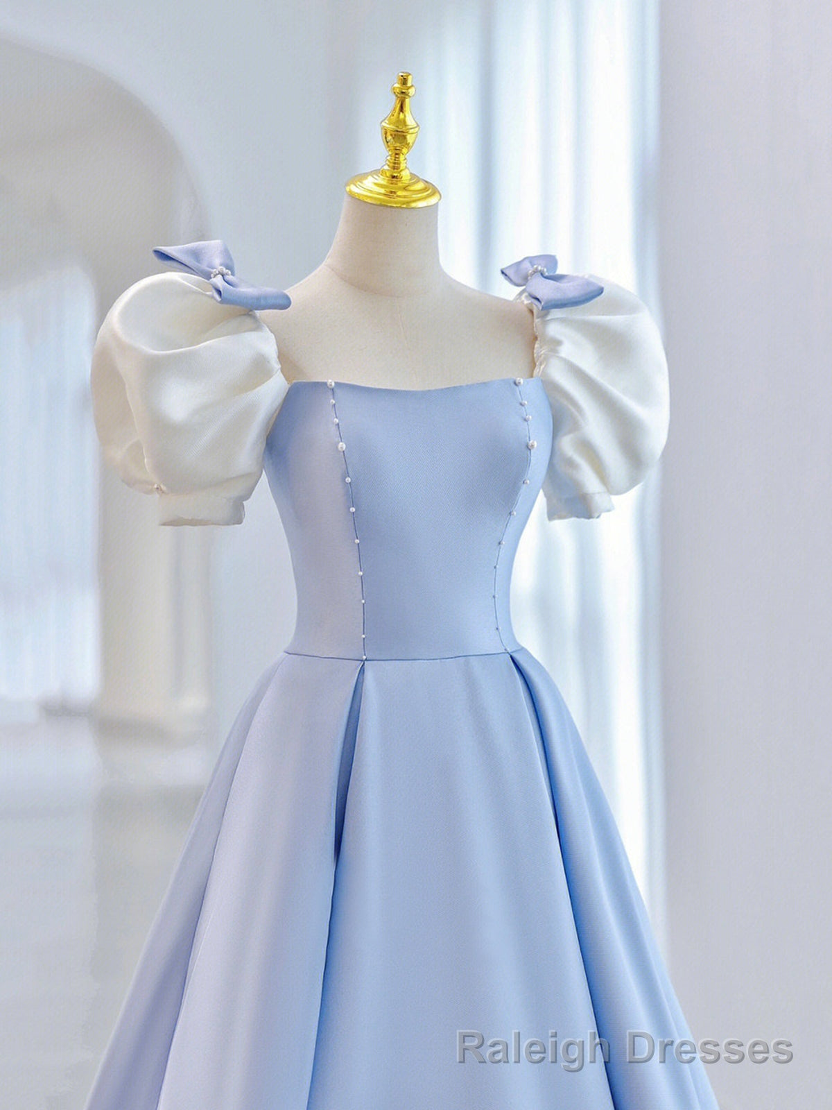 Blue Short Sleeve Saitn Formal Evening Dress, Cute A-Line Junior Prom Dress