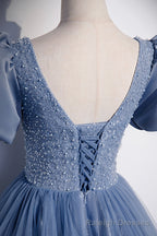 Blue Tulle Beading Long Prom Dresses, A Line Short Sleeve Prom Dresses