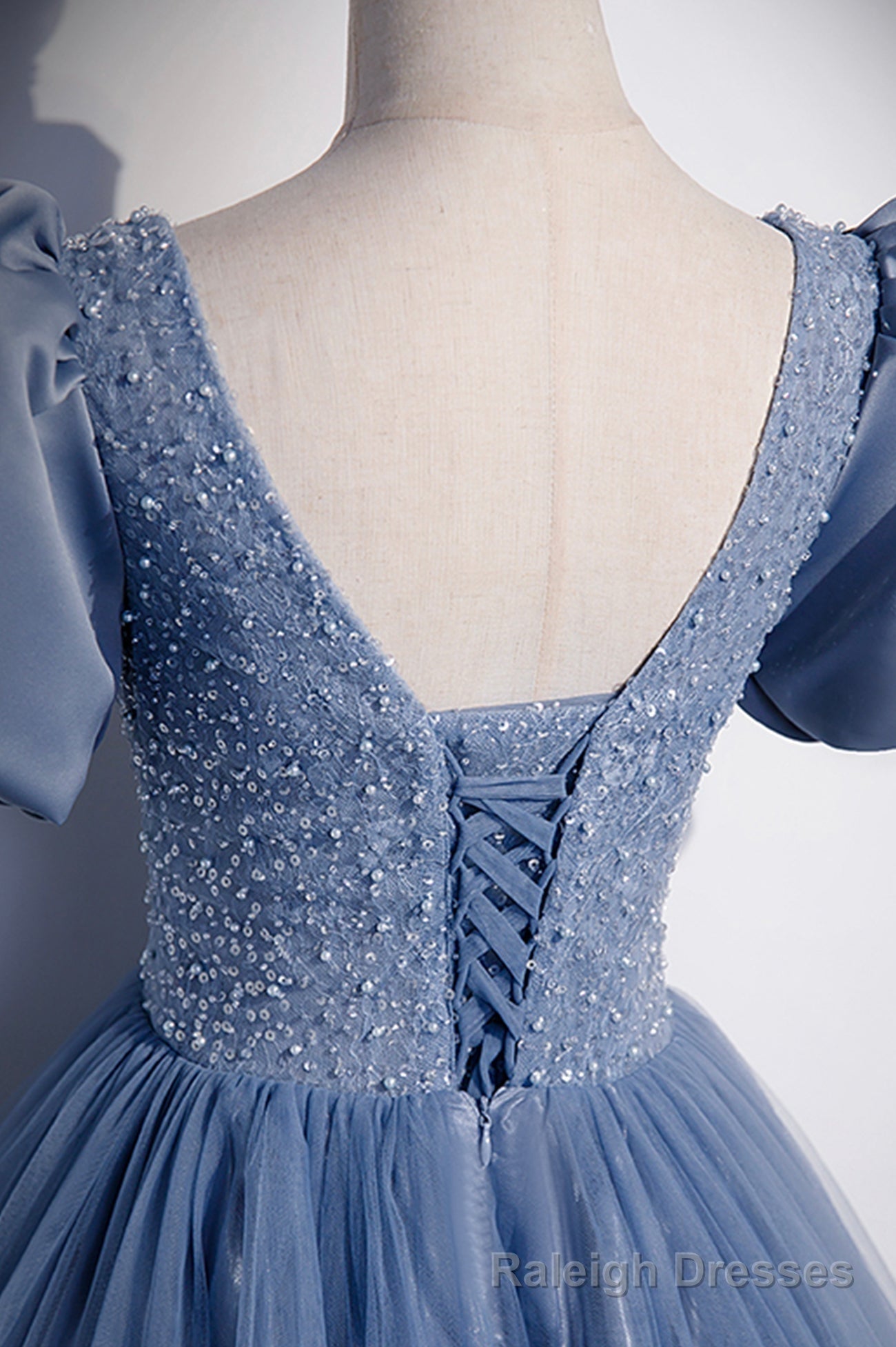 Blue Tulle Beading Long Prom Dresses, A Line Short Sleeve Prom Dresses