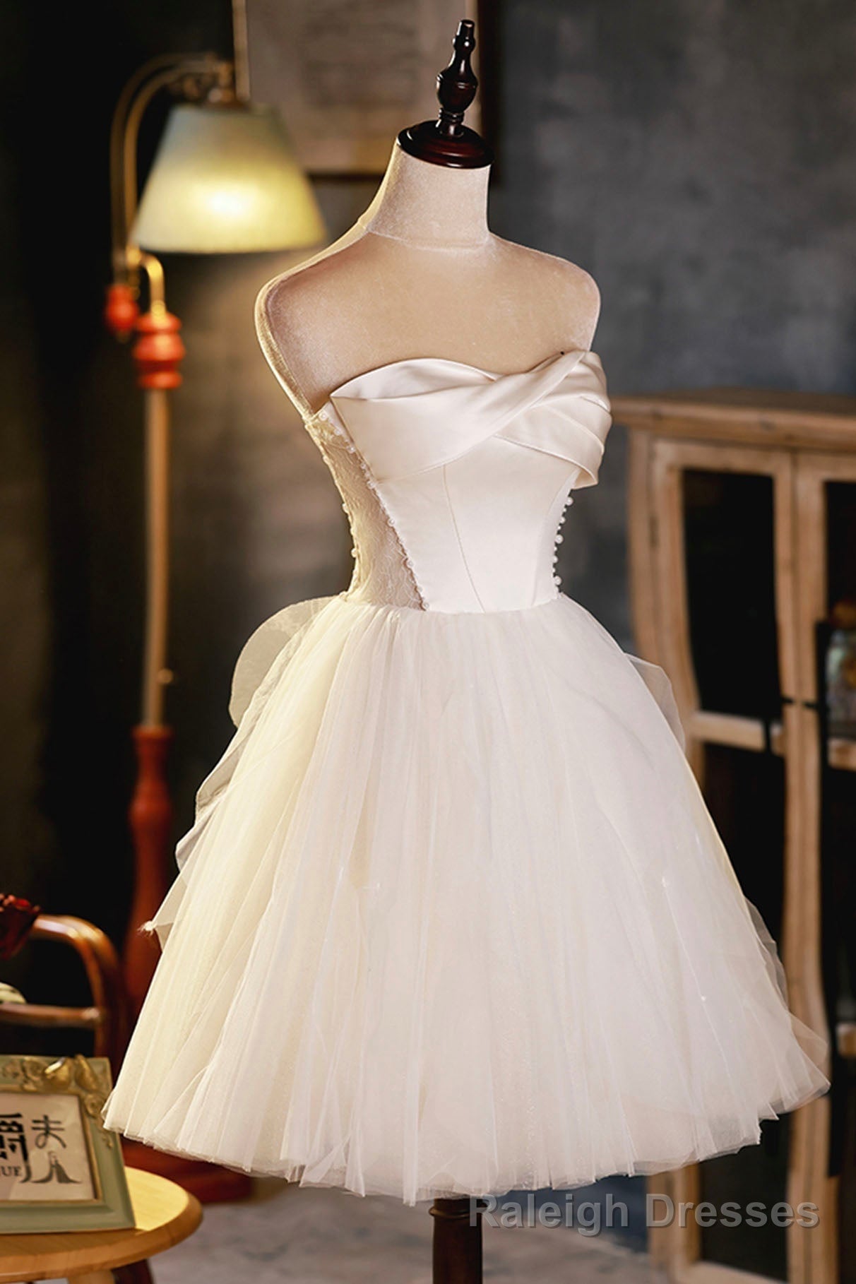 Champagne A Line Strapless Prom Dress, Short Homecoming Dress