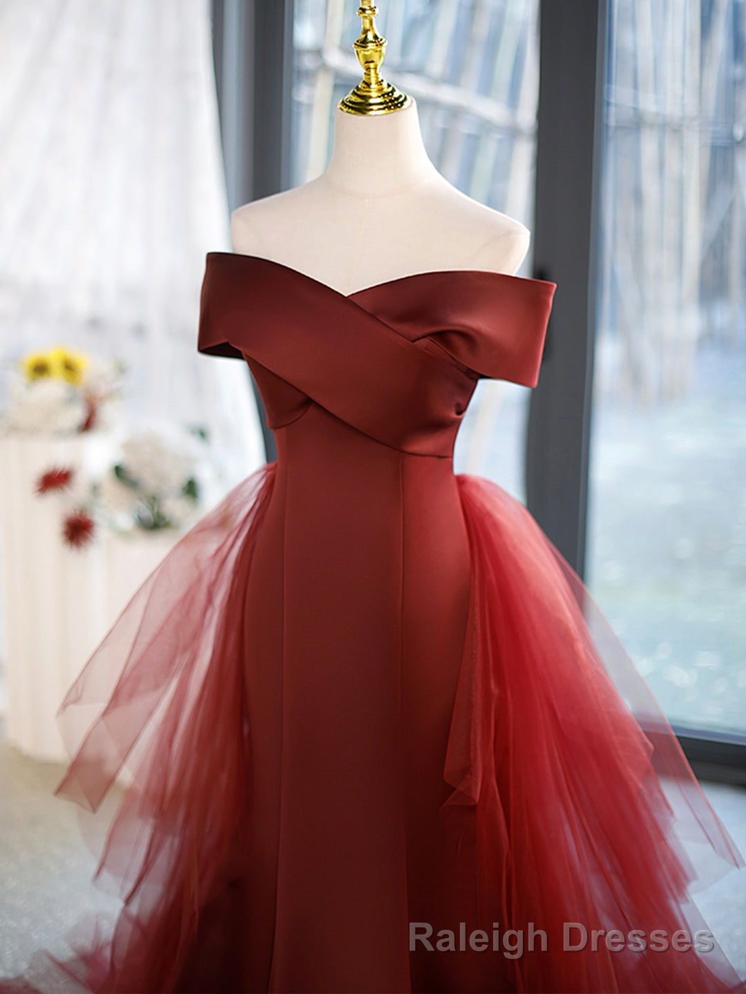 Mermaid V-Neck Satin Long Prom Dress,  Burgundy Off Shoulder Evening Dress with Bow
