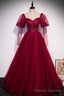 Burgundy Tulle Beading Long Prom Dresses, A-Line Formal Evening Dresses