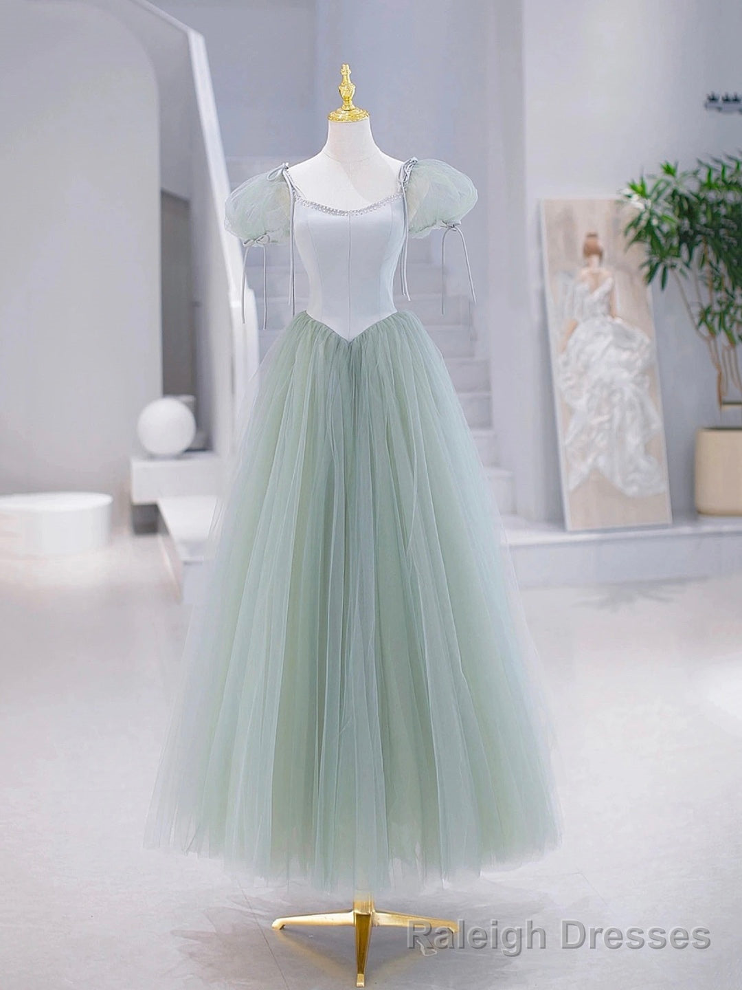 Green Tulle Floor Length Prom Dress, Green Short Sleeve Prom Prom Dress Main image