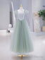 Green Tulle Floor Length Prom Dress, Green Short Sleeve Prom Prom Dress