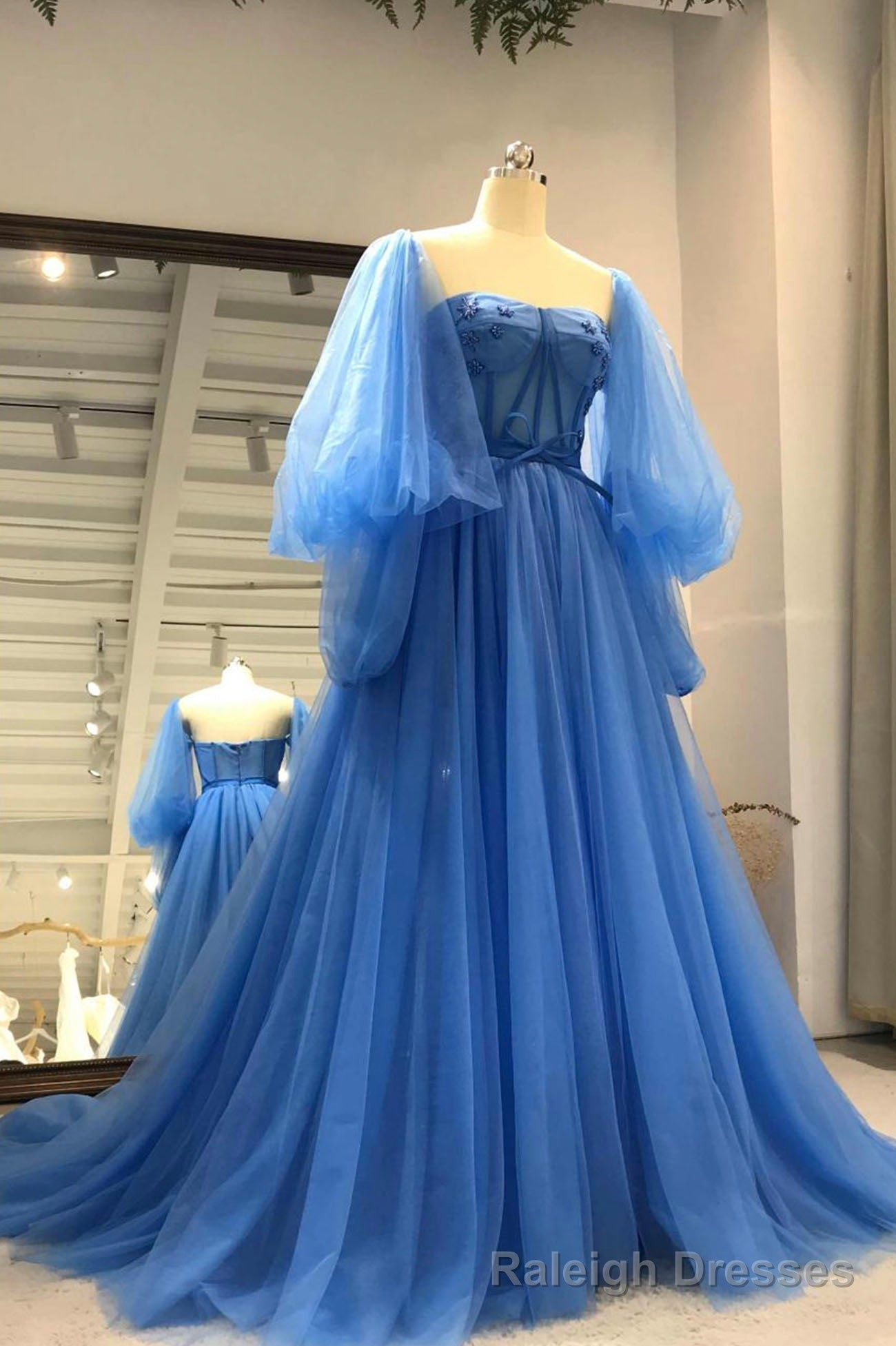 Blue Tulle Long Prom Dresses, A-Line Long Sleeve Evening Dresses Main image