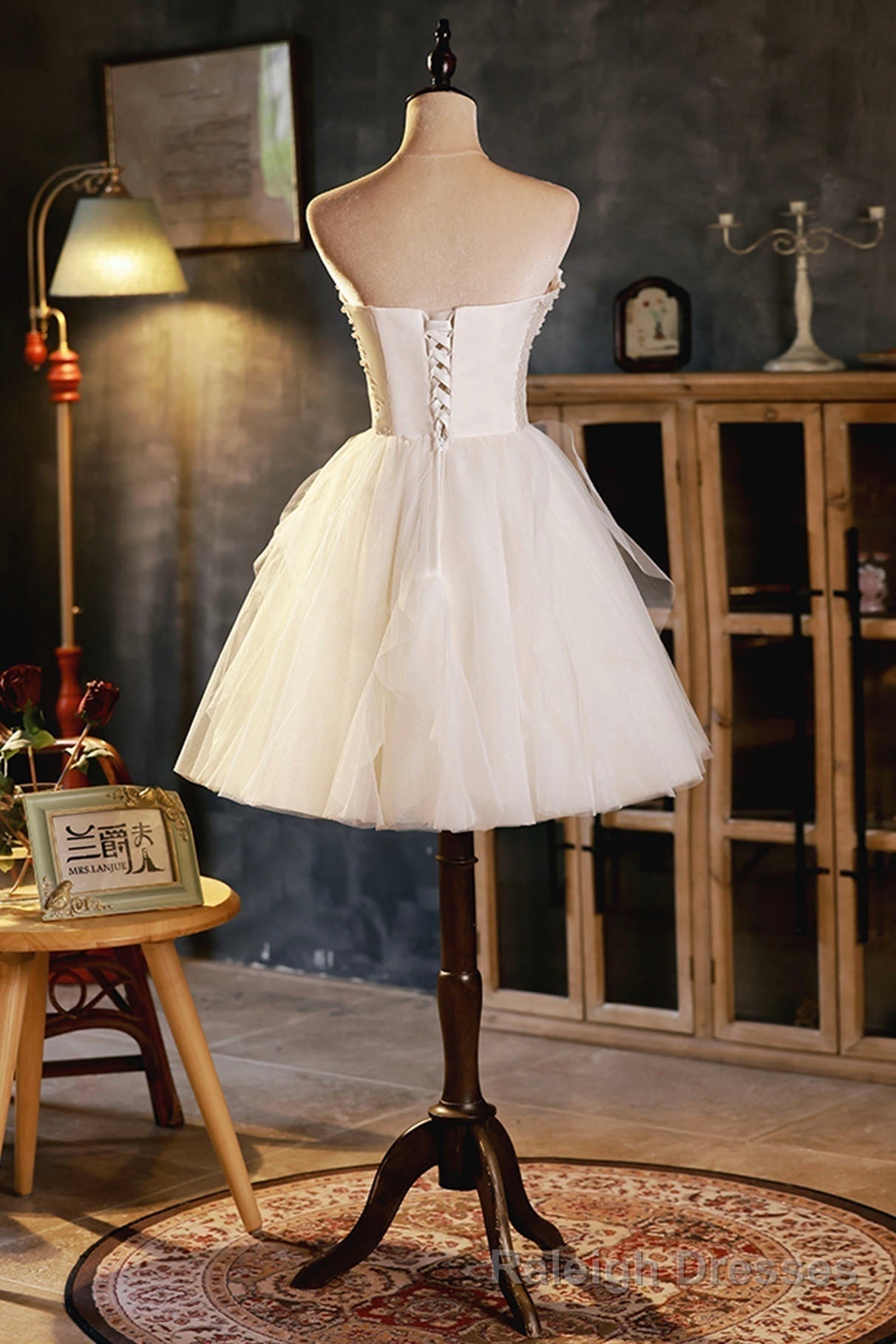 Champagne A-line Strapless Party Dress, Short Homecoming Dress