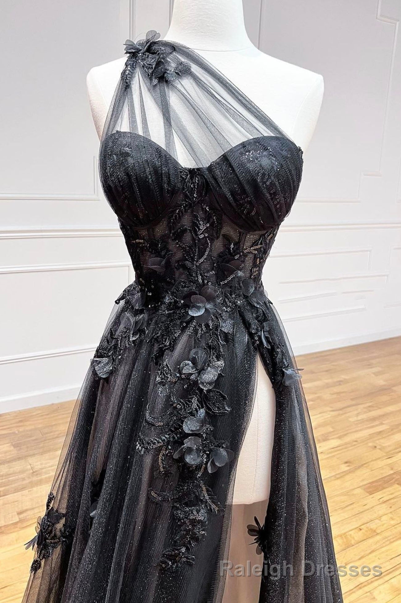 Black Tulle Lace Long Prom Dress, One Shoulder Prom Dress with Slit Secondary image