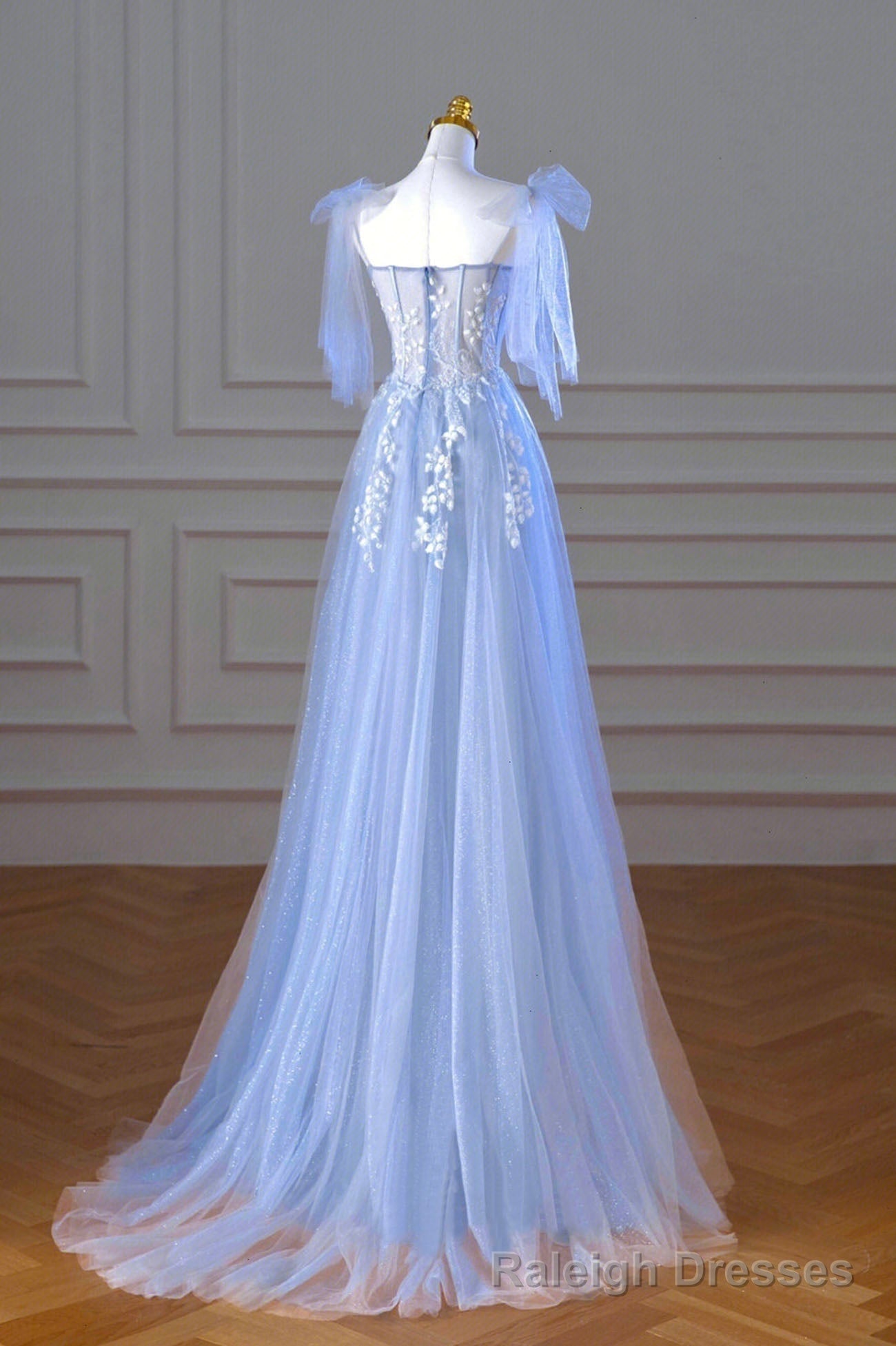 Blue Spaghetti Strap Tulle Lace Long Prom Dress, A Line Prom Prom Dress Main image
