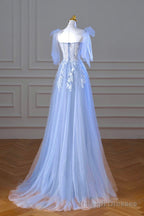 Blue Spaghetti Strap Tulle Lace Long Prom Dress, A Line Prom Prom Dress