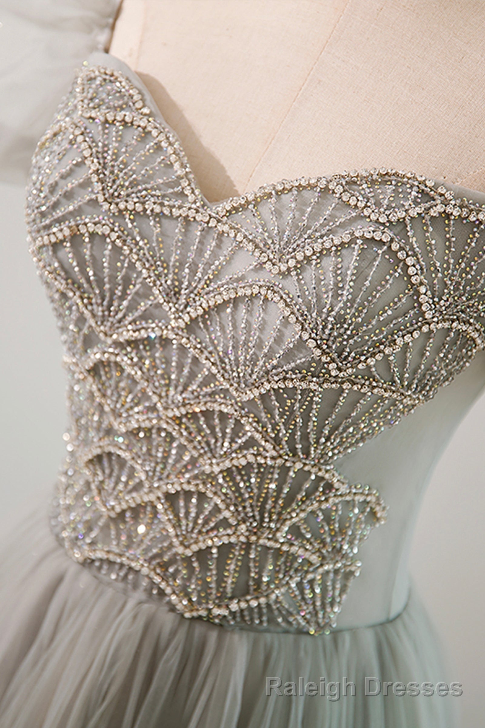 Gray Tulle Beading Long Prom Dress, A Line Short Sleeve Prom Dress