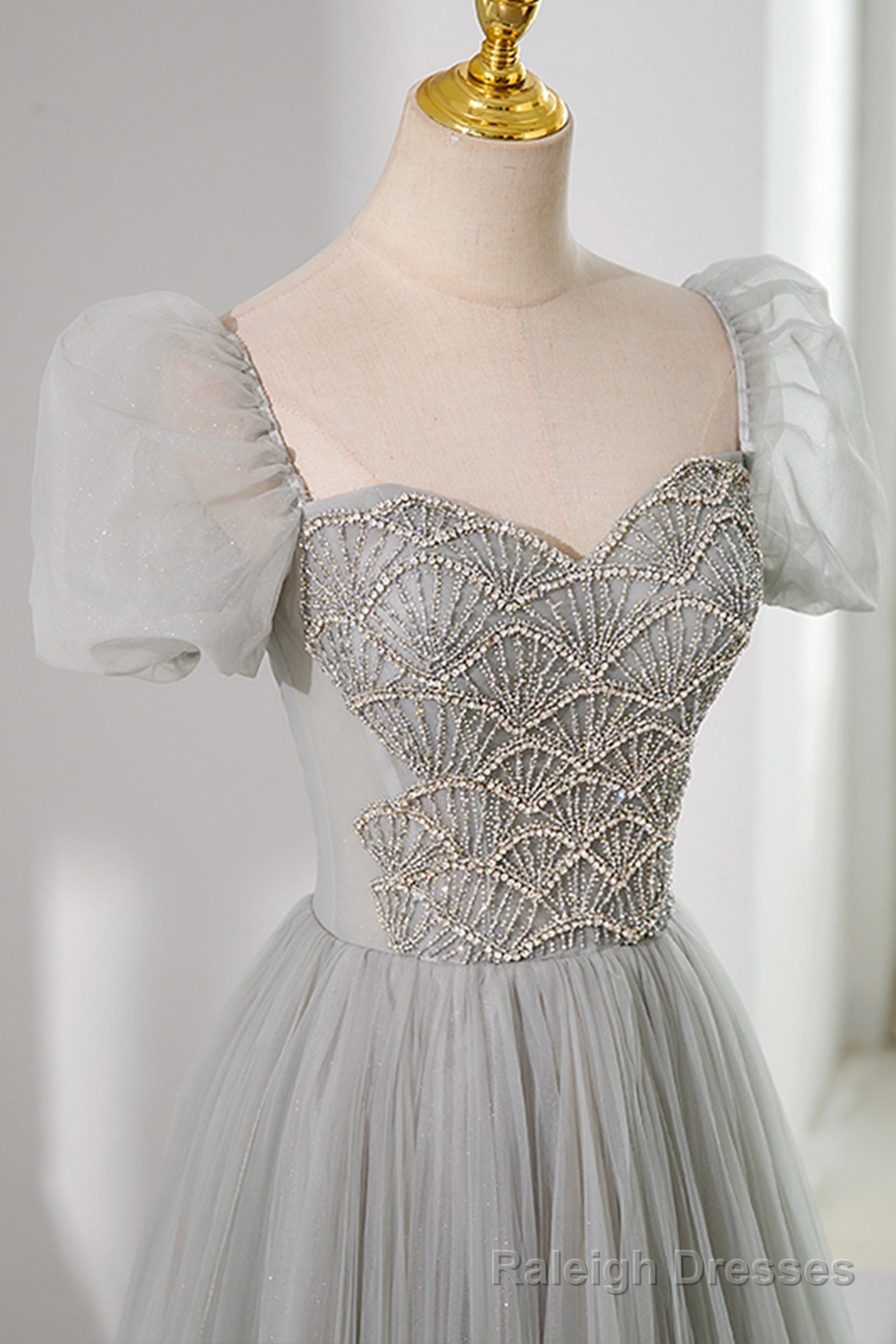 Gray Tulle Beading Long Prom Dress, A Line Short Sleeve Prom Dress