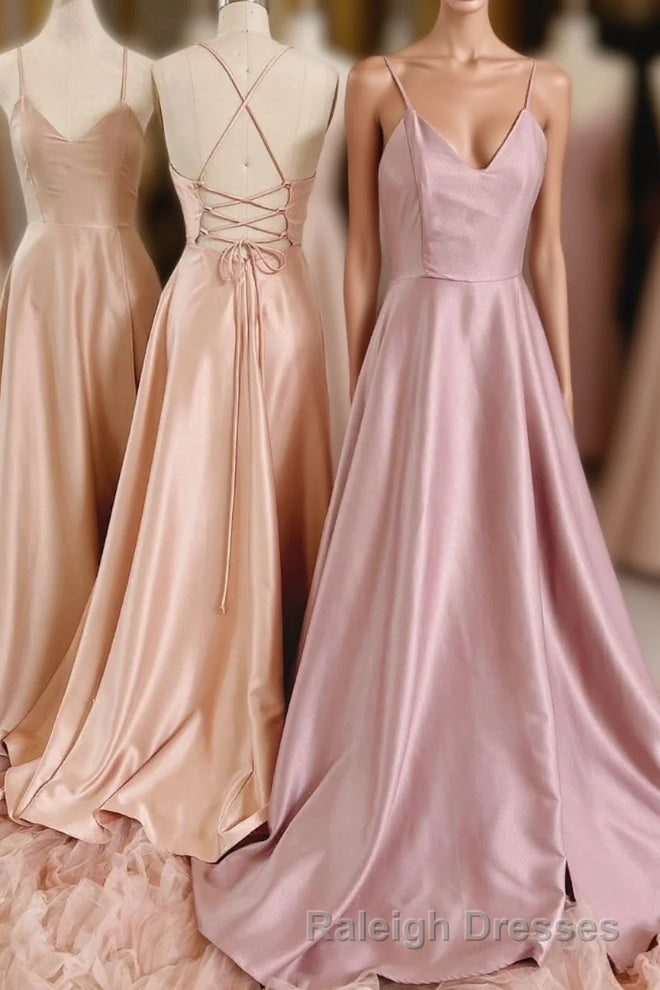 Simple V-Neck Satin Long Prom Dress, A-Line Backless Evening Dress Main image