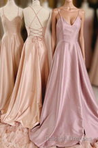 Simple V-Neck Satin Long Prom Dress, A-Line Backless Evening Dress