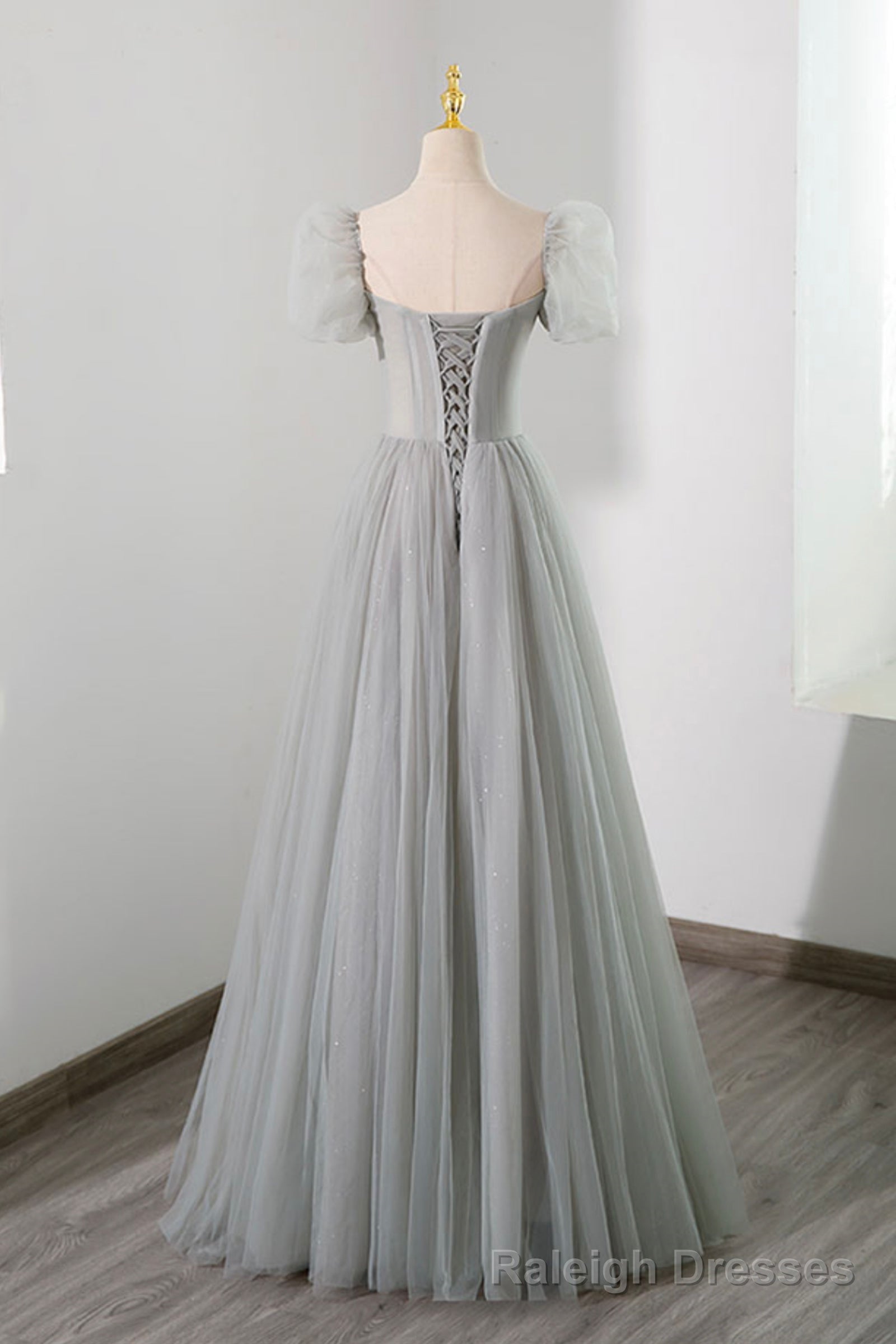 Gray Tulle Beading Long Prom Dress, A Line Short Sleeve Prom Dress Secondary image
