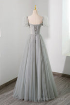 Gray Tulle Beading Long Prom Dress, A Line Short Sleeve Prom Dress