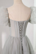 Gray Tulle Beading Long Prom Dress, A Line Short Sleeve Prom Dress