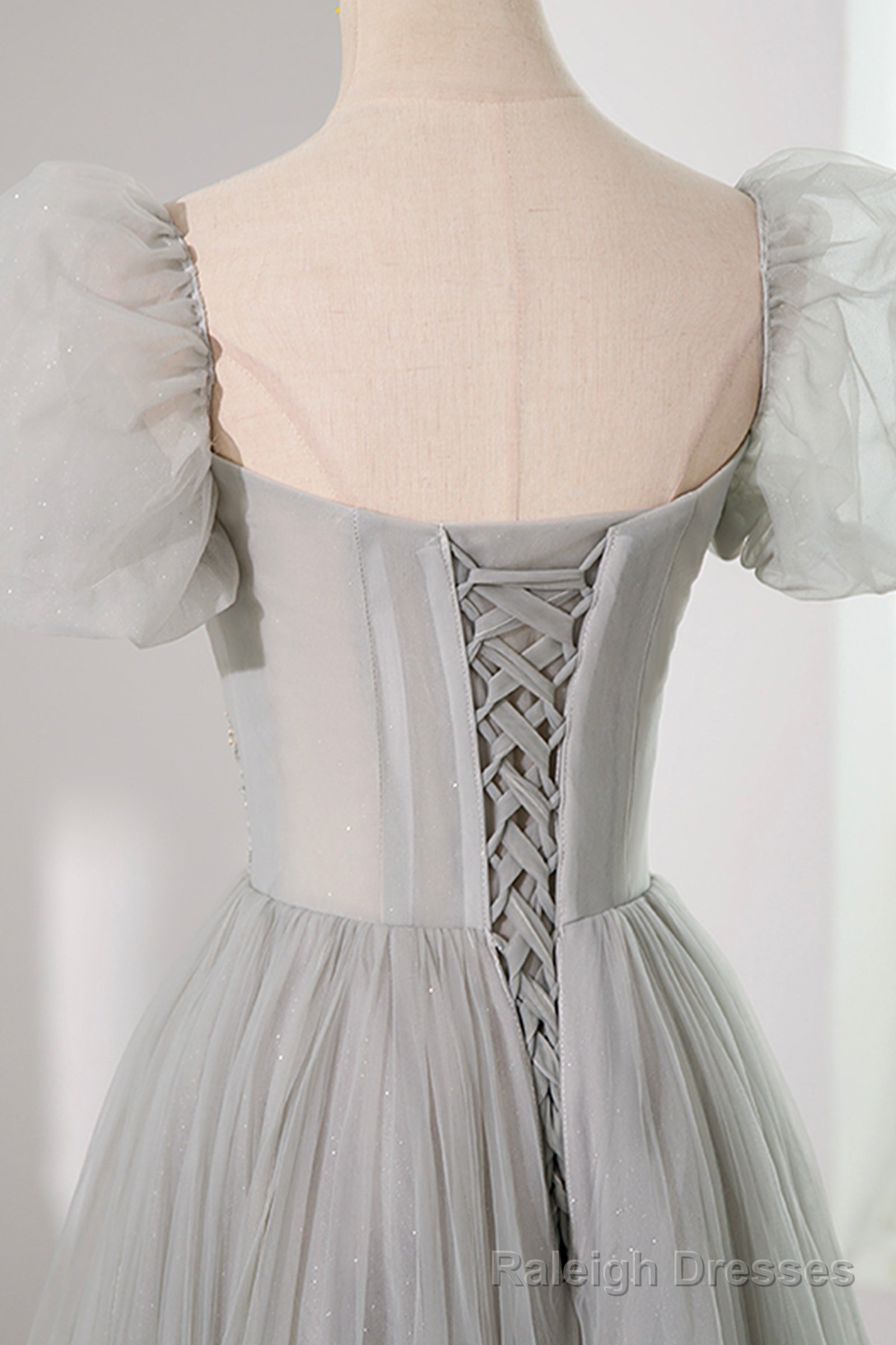 Gray Tulle Beading Long Prom Dress, A Line Short Sleeve Prom Dress
