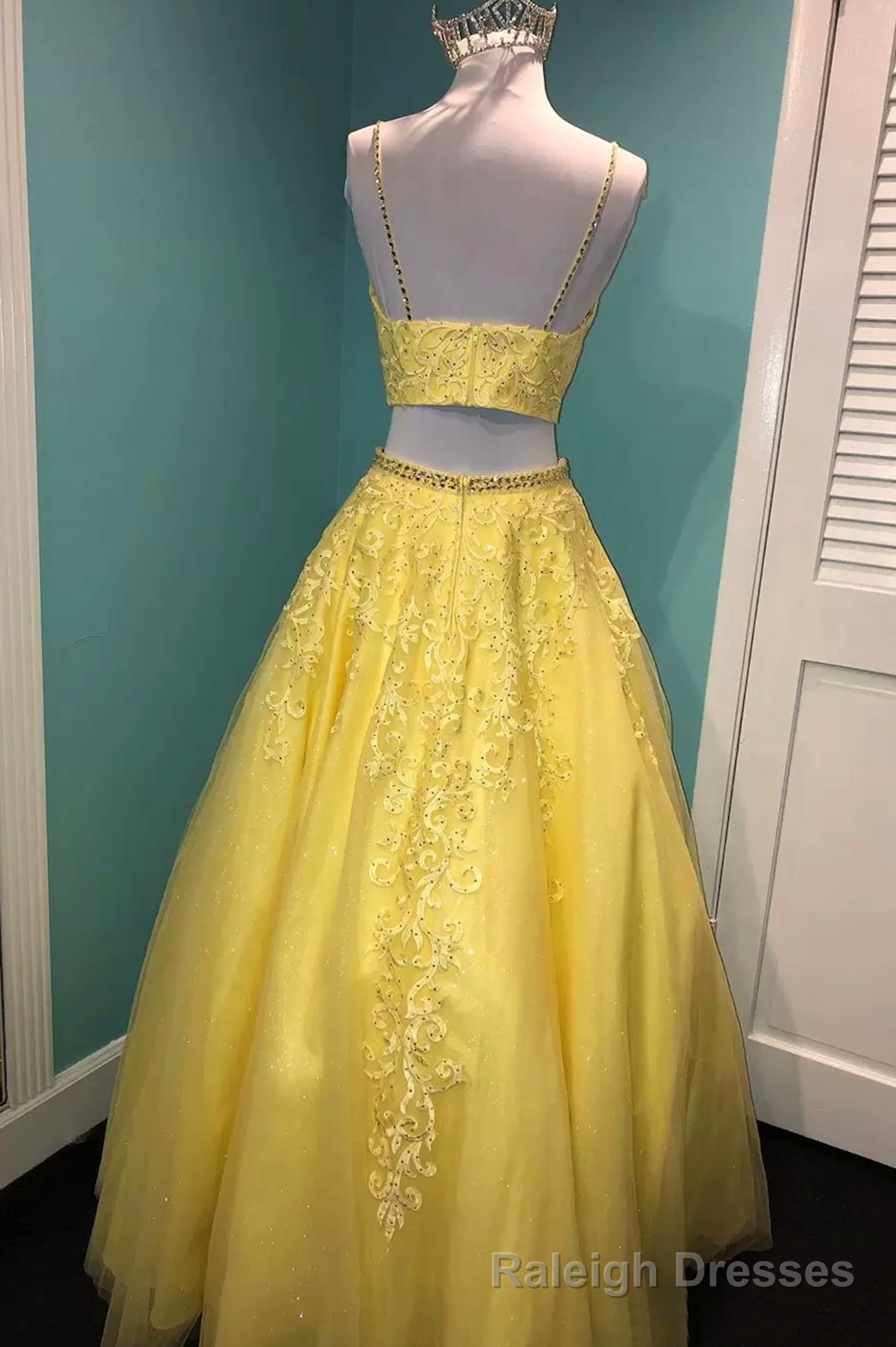 Yellow Lace Two Pieces Prom Dress, A-Line Evening Party Dress Secondary image