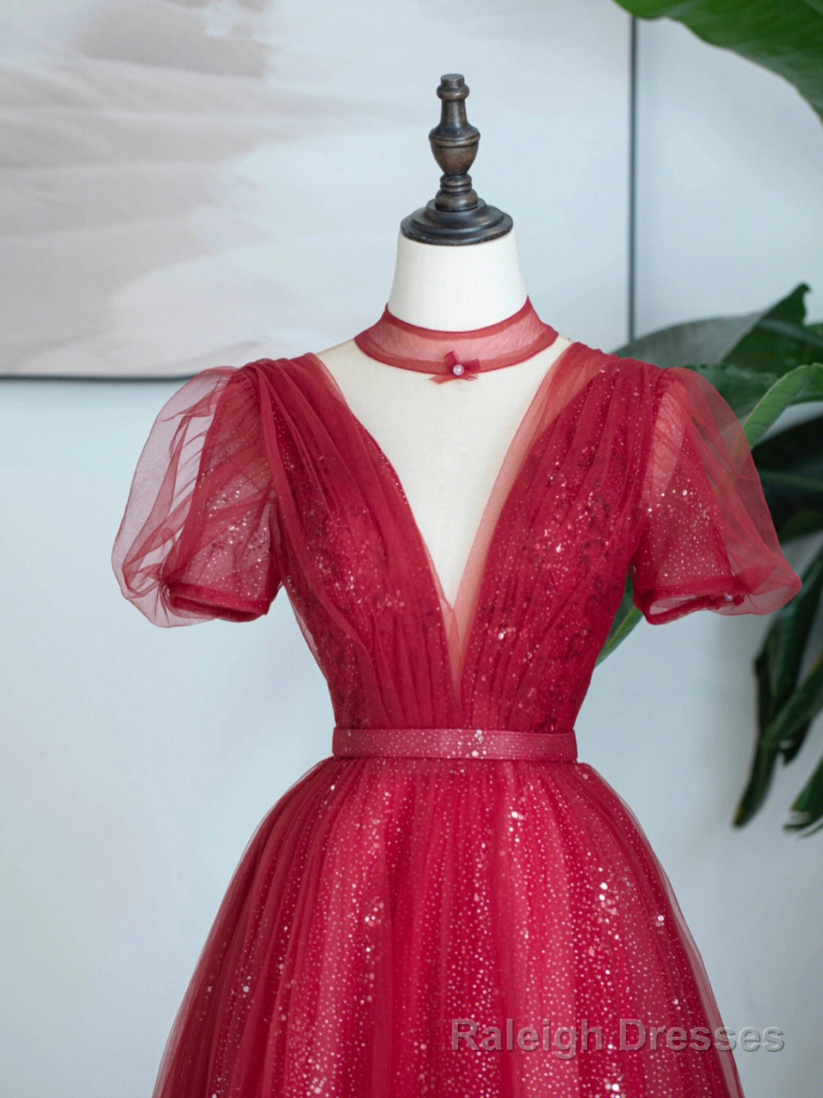 Burgundy Tulle Sequins Tea Length Prom Dress, A-Line Evening Party Dress Secondary image