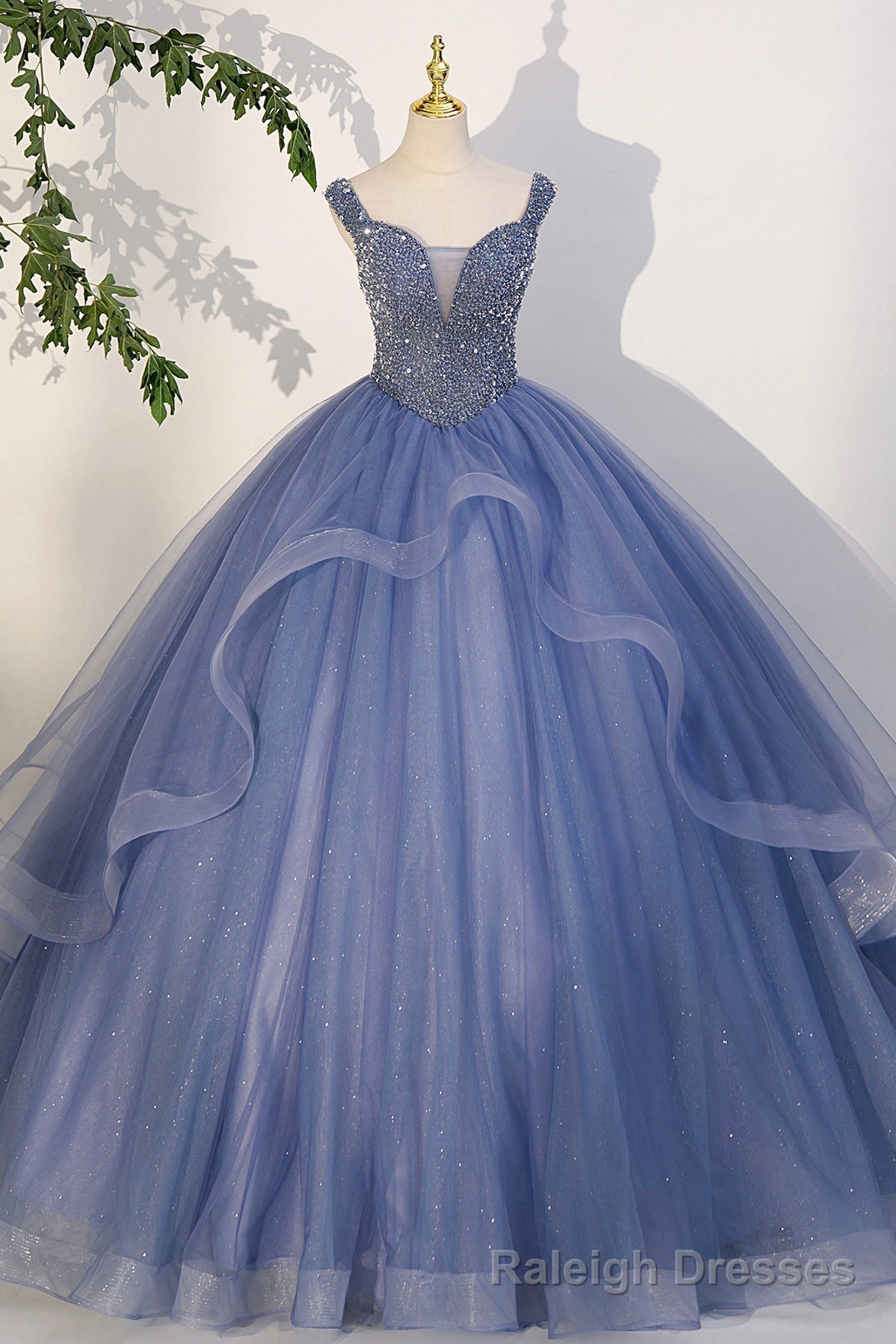 Blue Beaded Tulle Long A-Line Prom Dress, Blue Formal Evening Dress Main image