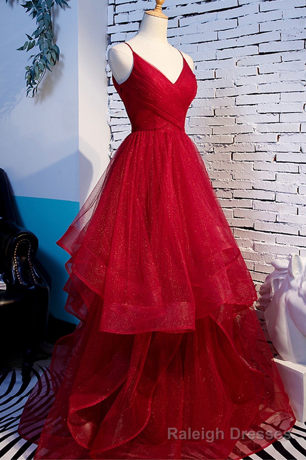 Red V-Neck Tulle Long Prom Dress, A-Line Evening Dress