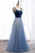 Blue Velvet Tulle Long Prom Dresses, A-Line Evening Dresses