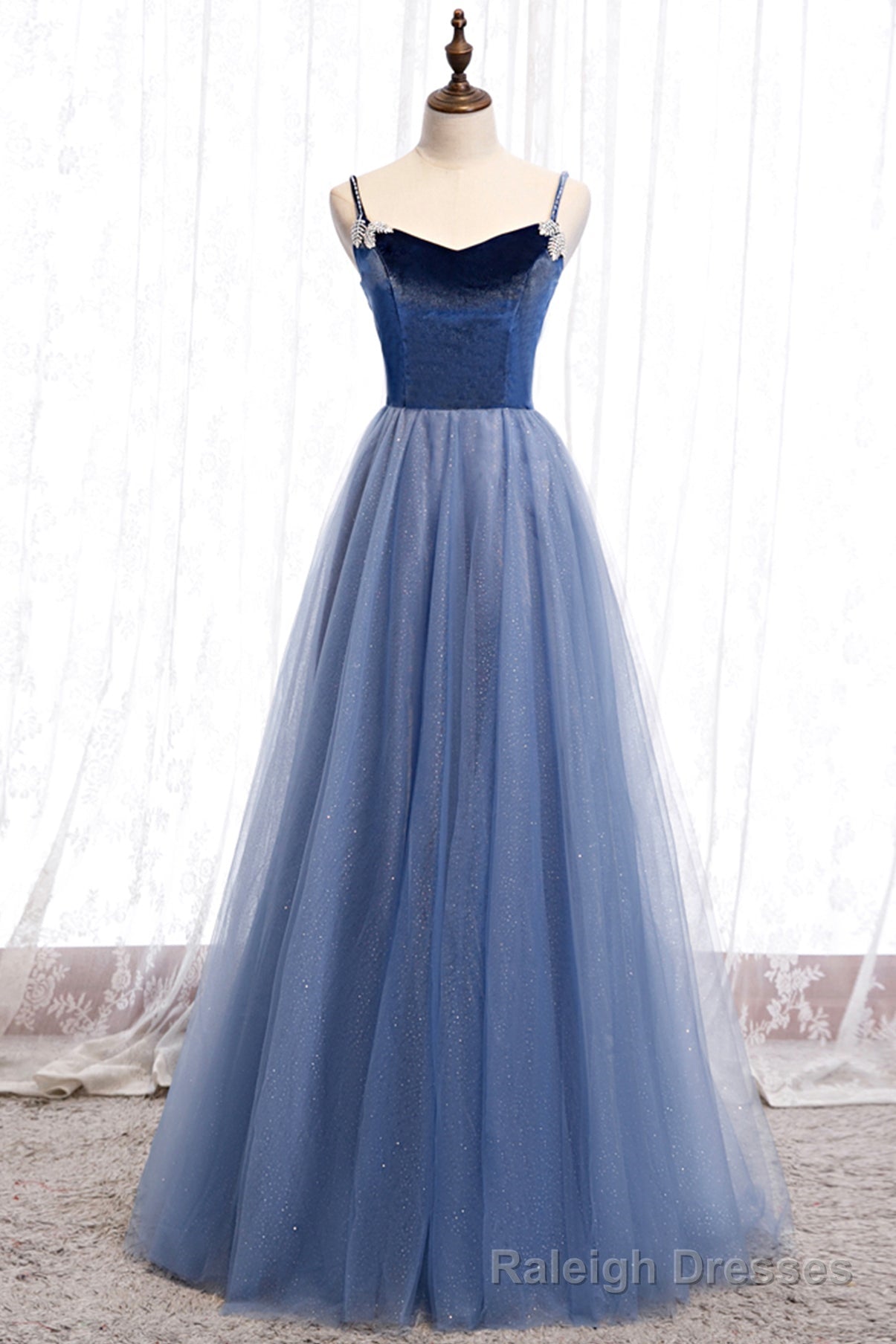 Blue Velvet Tulle Long Prom Dresses, Blue A-Line Evening Dresses Main image